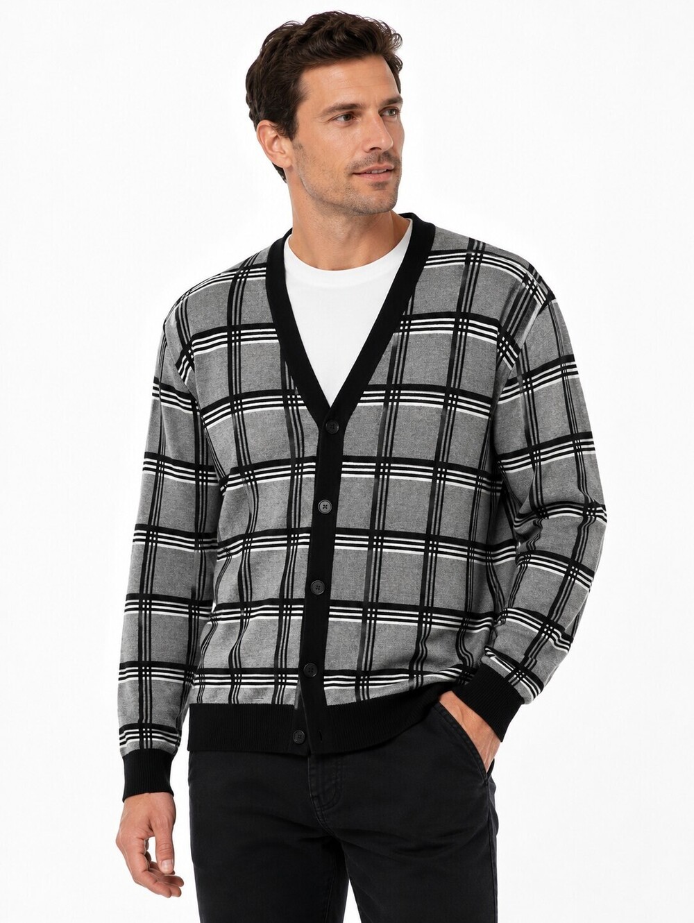Gray Black Windowpane Plaid Button Front Cardigan V-Neck Long Sleeve Knit XL